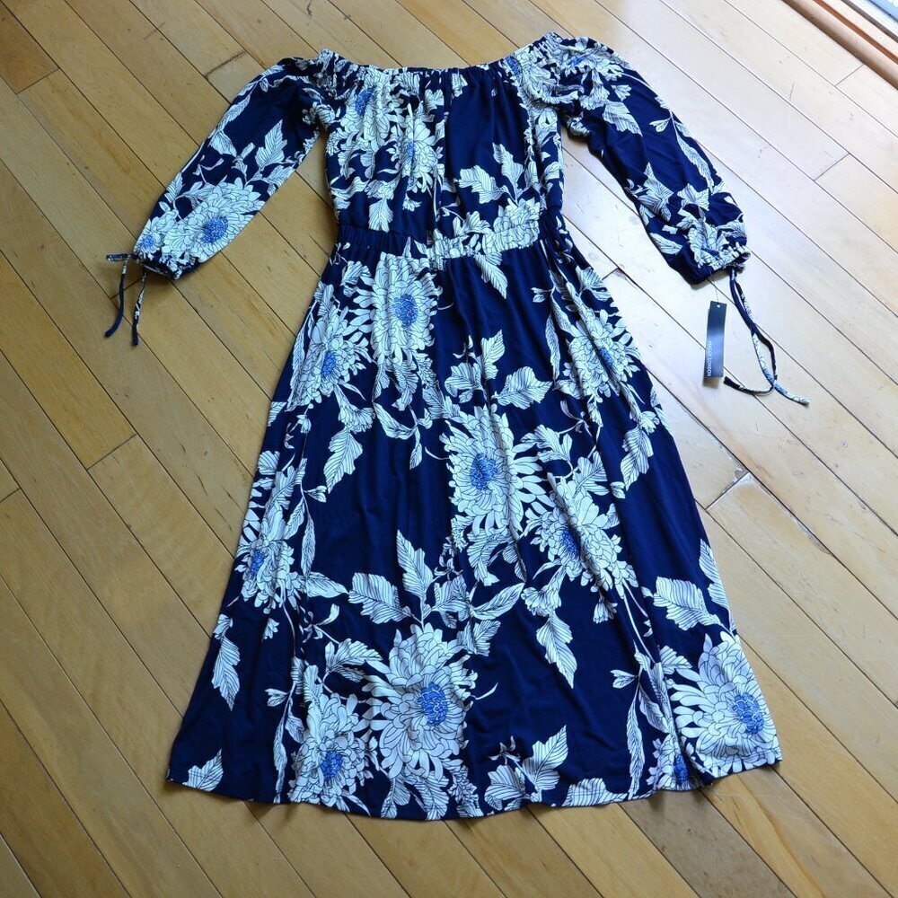 Maggy London Navy Blue Floral Off-Shoulder Midi Dress